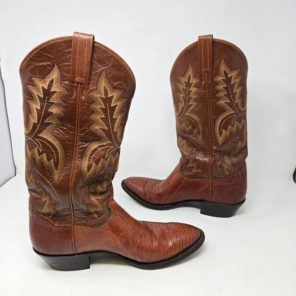 Mens Brown Lizard Skin Western Cowboy Boots Pointed Toe Stitched Leather 8.5D - Picture 7 of 14
